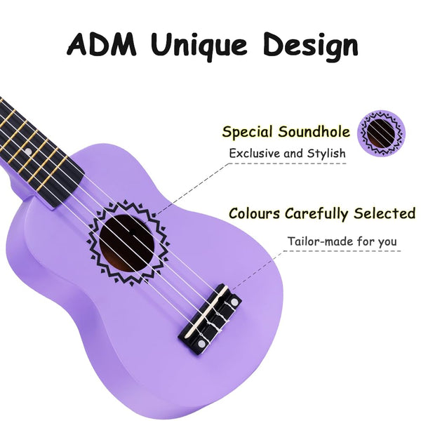 ADM Soprano Ukulele Set for Kids and Beginners, Ukulele Starter Kit with Bag, Clip-On Tuner, Rainbow Strings, Colourful Strap, Plectrum, Fingerboard Sticker, Chord Card (Dark Blue)