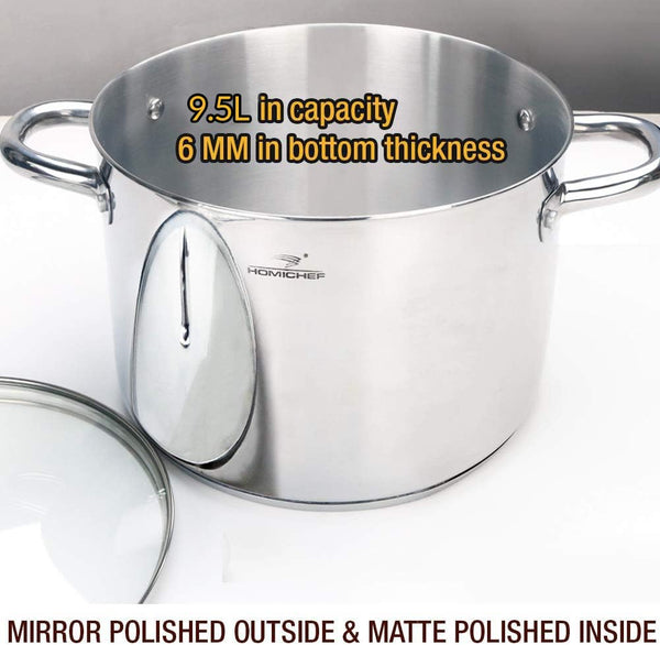 HOMICHEF Stock Pot 24.5 cm 9.5 Litre with Glass Lid - Nickel Free Stainless Steel 9.5 Litre Pot with Handle - Mirror Polished Stock Pot 9.5 Litre -