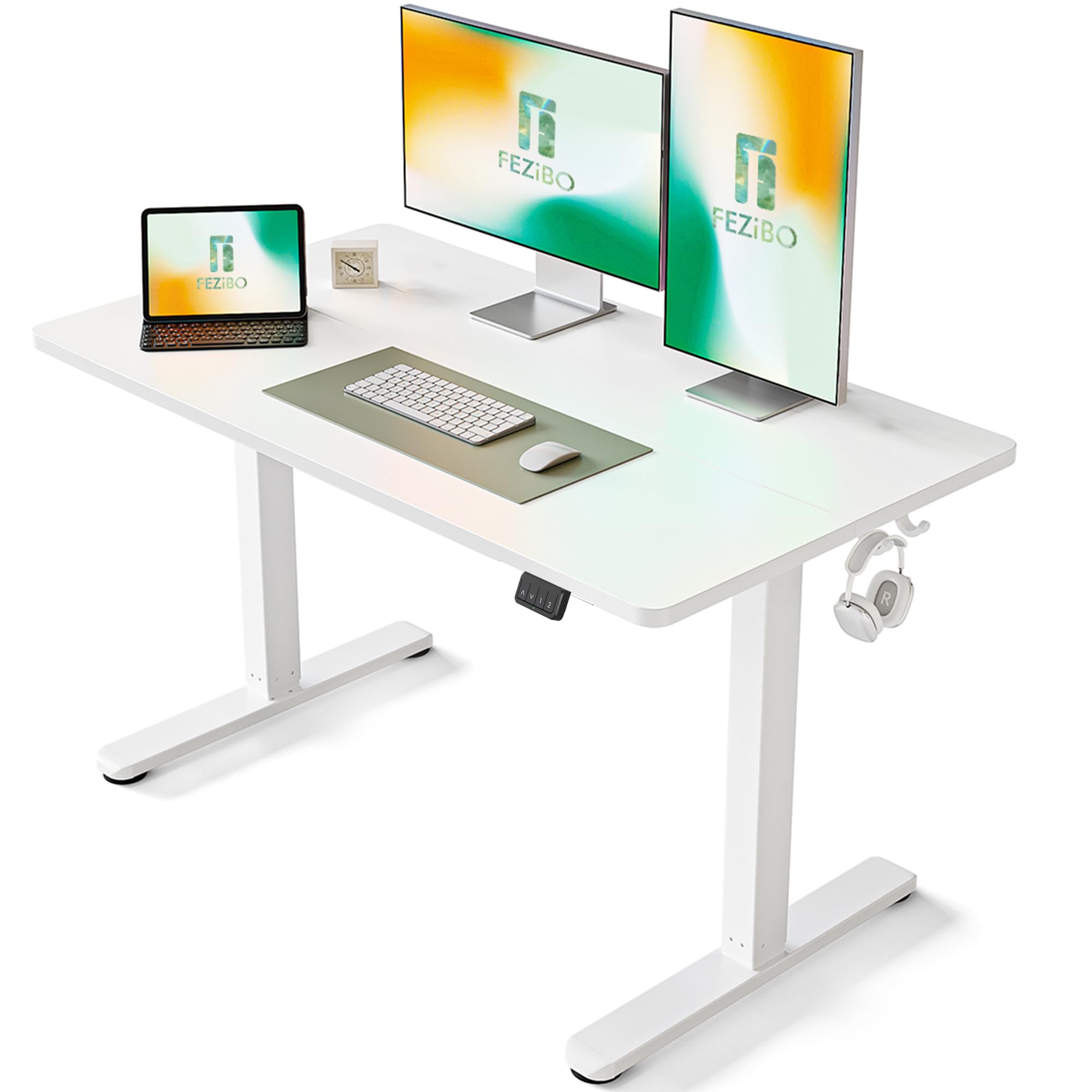 FEZIBO Height Adjustable Electric Standing Desk, 120 * 60 cm Stand up Table, Sit Stand Home Office Desk with Splice Board, White Frame/Maple Top