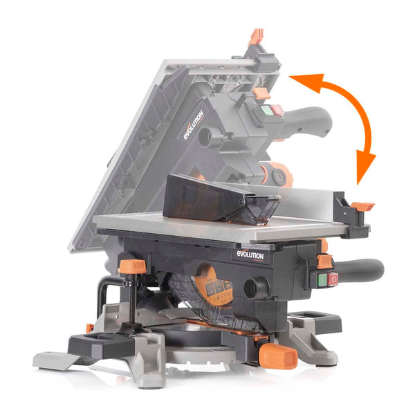 Evolution Power Tools R210CMS Compound Miter Saw Multi-Material Cutting TCT Blade Included Cuts Wood Metal Plastic & More, 45° - 45° Degree Miter & 45˚ Degree Bevel Angles, 1200W, 210mm