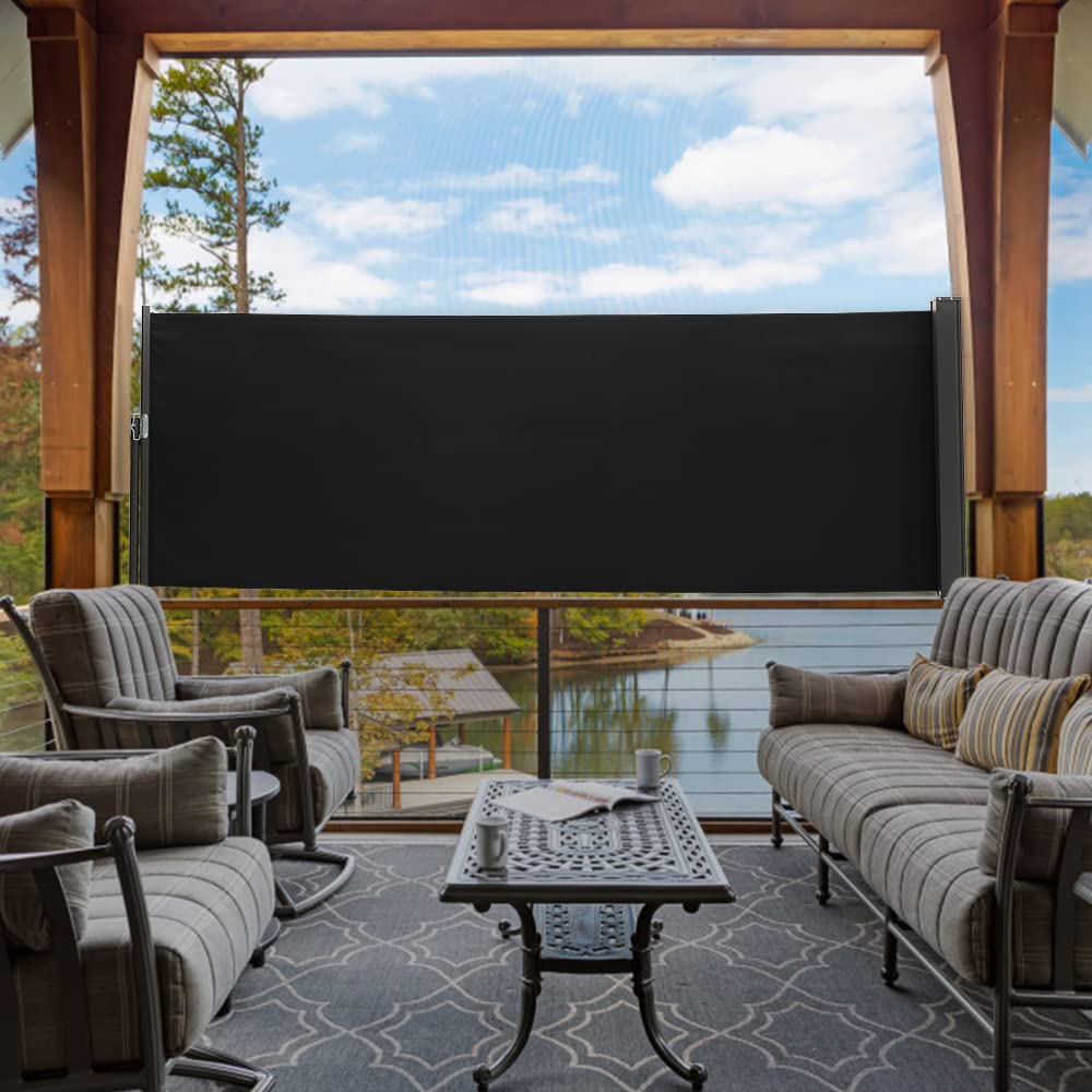 The Fellie Dark Grey Retractable Side Awning, Wind, UV Protection and Weatherproof PU Coating for Outdoor Privacy Screen for Garden, Balcony, Terrace, 140 x 300 cm