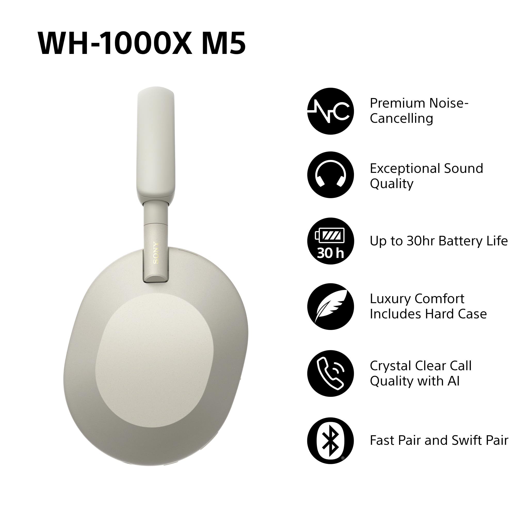 Sony WH-1000XM5 Hard Case Premium Noise Cancelling Wireless Over-Ear Headphones, Bluetooth, Clear Call Quality, Hi-Res Audio, Up to 30hr Battery Life, Includes Hard Case, iOS & Android - Black