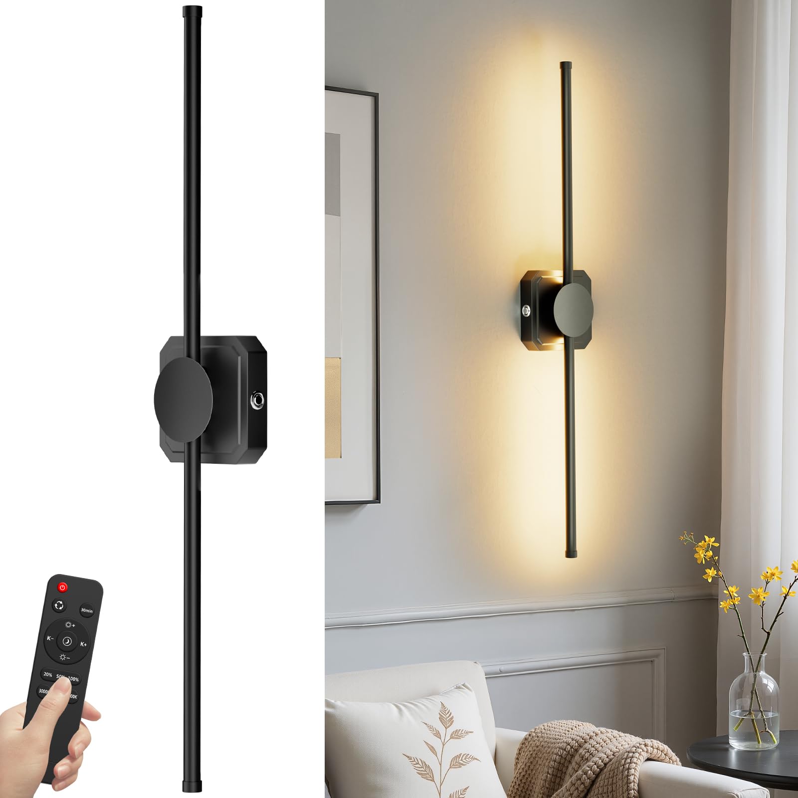 Battery Operated Wall Lights Indoor,USB Rechargeable LED Wall Lamps,with Remote Control,Dimmable Touch Wireless Black 72cm 350°Rotation Modern Wall Light for Living Room/Bedroom,2 Pack [Energy C]