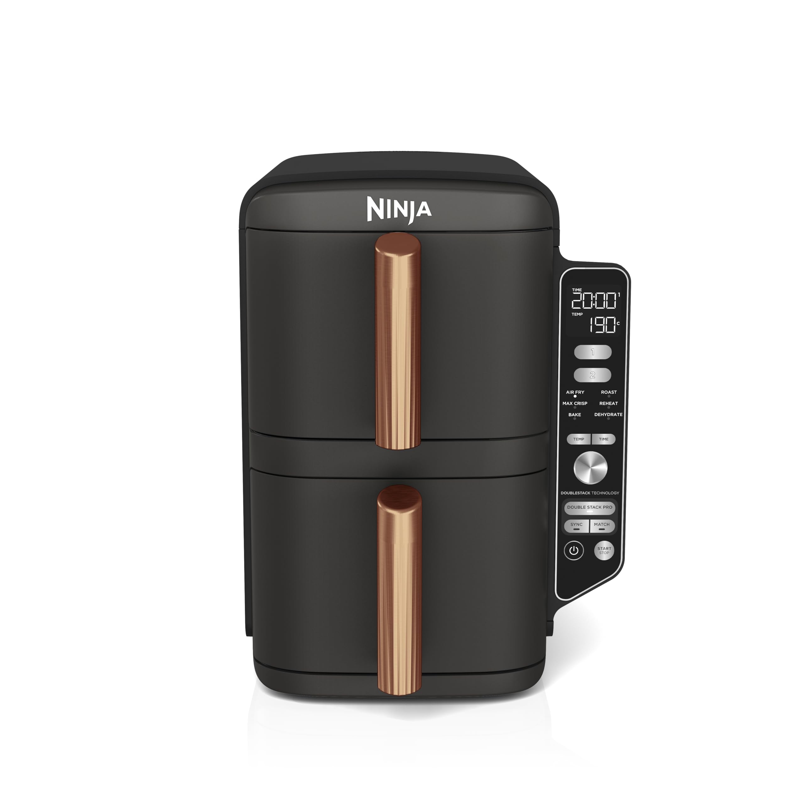 Ninja Double Stack XL Air Fryer, Vertical Dual Drawer Air Fryer with 4 cooking levels, 2 Drawers & 2 Racks, Space Saving Design, 9.5L Capacity, 6 Functions, 8 Portions, Tongs, Black/Copper SL400UKCP