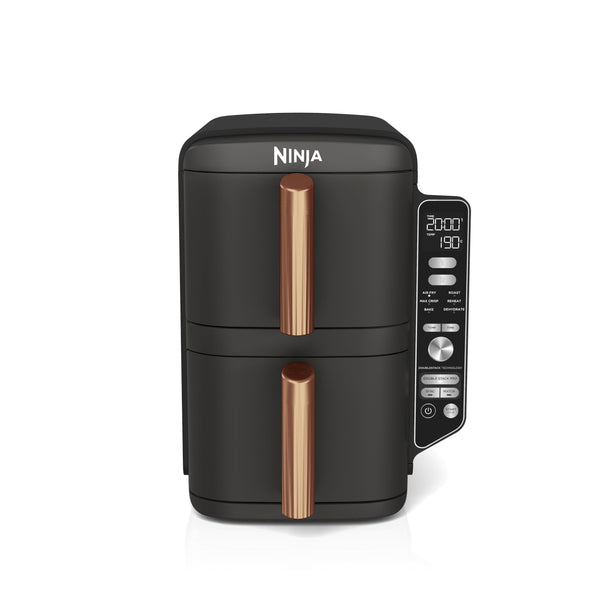 Ninja Double Stack XL Air Fryer, Vertical Dual Drawer Air Fryer with 4 cooking levels, 2 Drawers & 2 Racks, Space Saving Design, 9.5L Capacity, 6 Functions, 8 Portions, Tongs, Black/Copper SL400UKCP