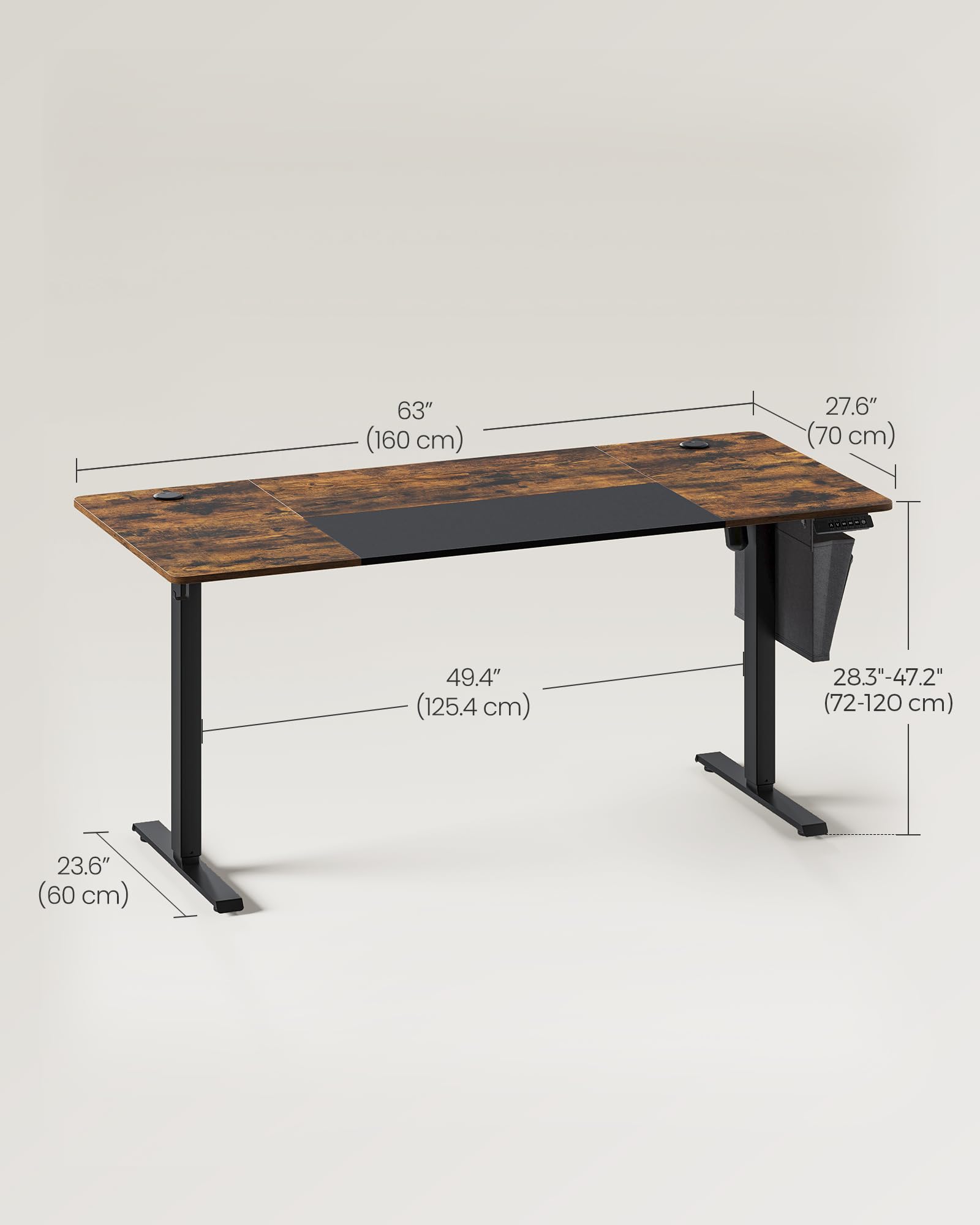 VASAGLE Electric Standing Desk, Height Adjustable Desk, 60 x 140 x (72-120) cm, 4 Memory Heights, Storage Pocket, for Home Office, Study, Rustic Brown and Ink Black LSD134K02