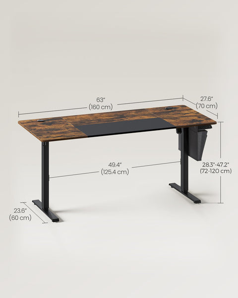 VASAGLE Electric Standing Desk, Height Adjustable Desk, 60 x 140 x (72-120) cm, 4 Memory Heights, Storage Pocket, for Home Office, Study, Rustic Brown and Ink Black LSD134K02