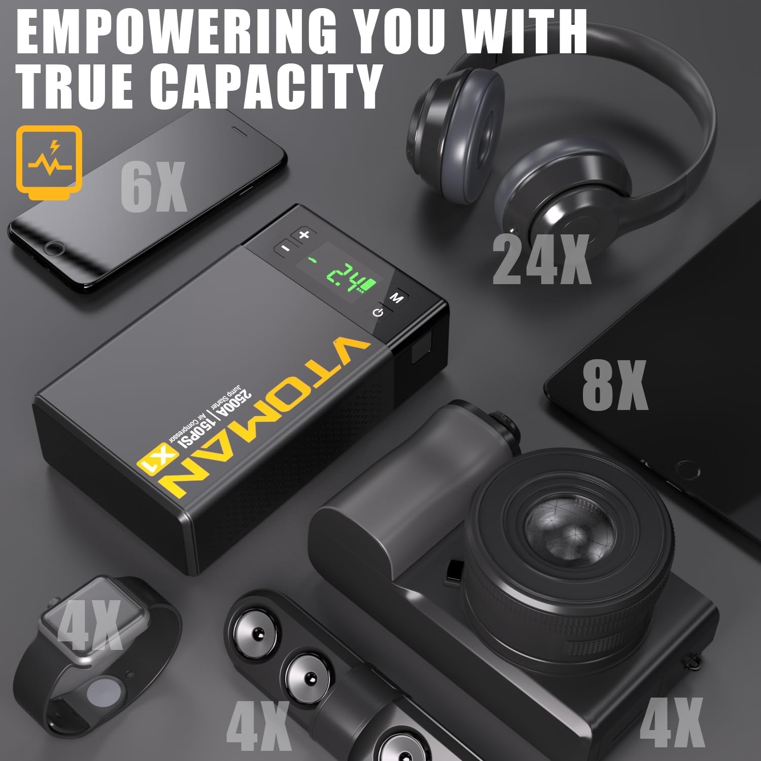 VTOMAN X1 Jump Starter Power pack with Air Compressor 2500A, Portable Car Battery Booster Jump Starter (Up to 8.5L Gas/6.0L Diesel Engines) Jump Pack with 150PSI Digital Tire Inflator