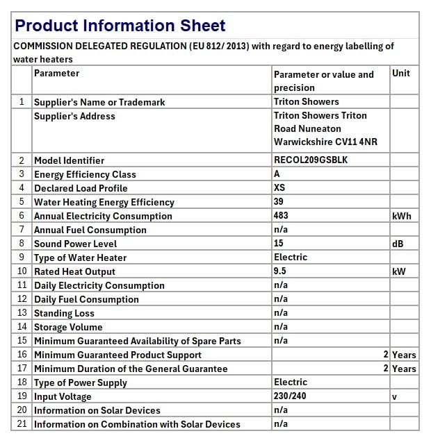 Triton Showers Collection 2, Shower Electric, 8.5 KW, Triton Aspirante, Black Gloss, Electrical Showers, with Showerhead and Anti Twist Hose, Bathroom Showering Unit
