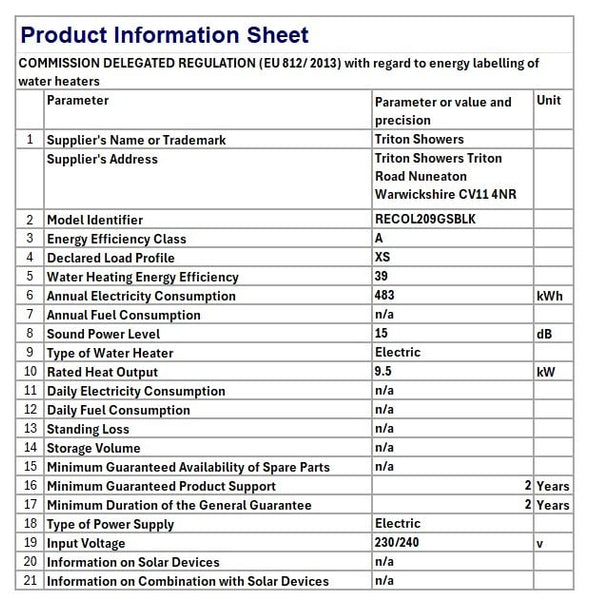 Triton Showers Collection 2, Shower Electric, 8.5 KW, Triton Aspirante, Black Gloss, Electrical Showers, with Showerhead and Anti Twist Hose, Bathroom Showering Unit