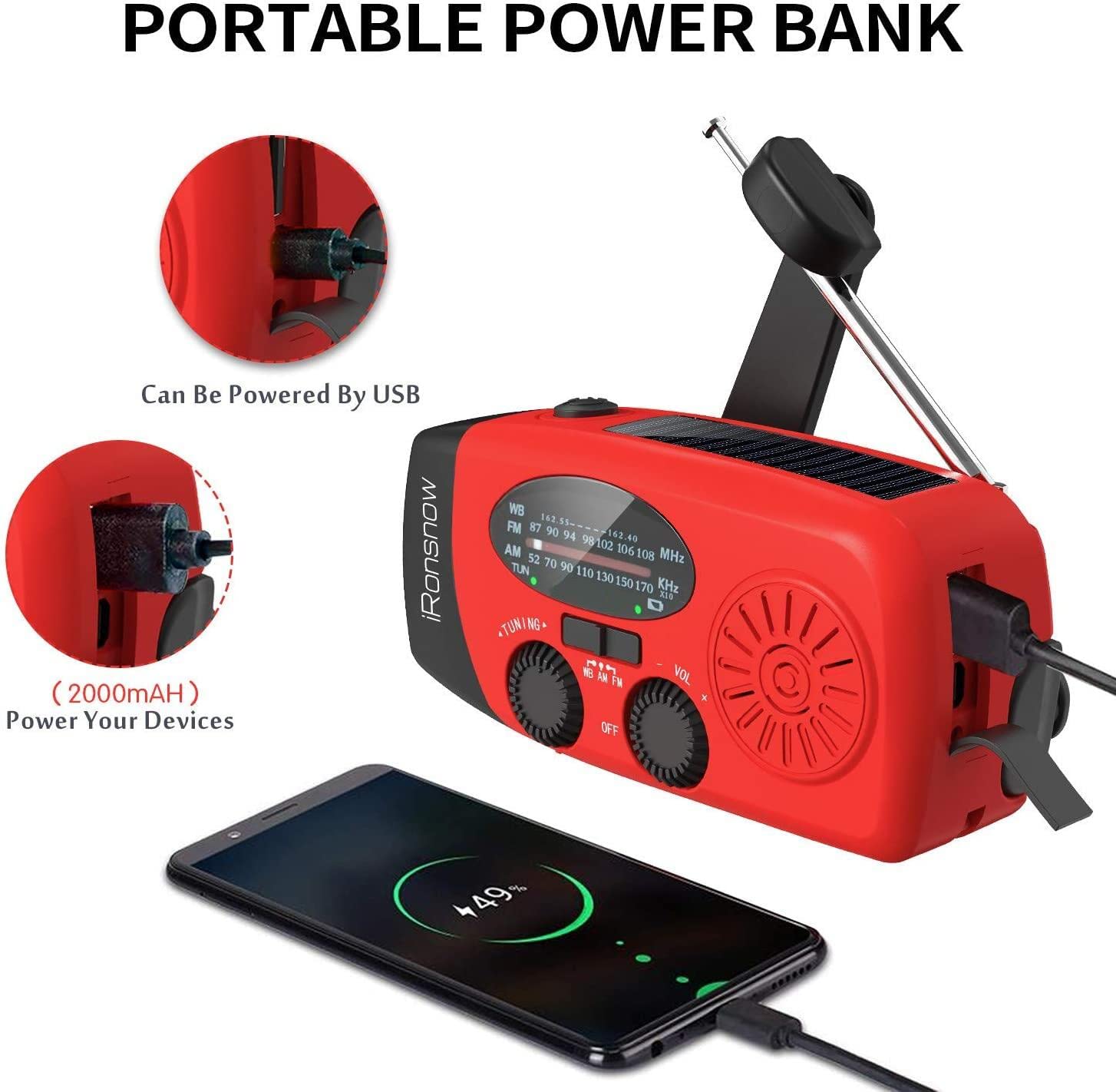 iRonsnow Solar Emergency Hand Crank Weather Radio, Portable Self Powered NOAA AM/FM Radios with SOS Alarm LED Flashlight 2000mAh Smart Phone USB Charger for Camping (Red)