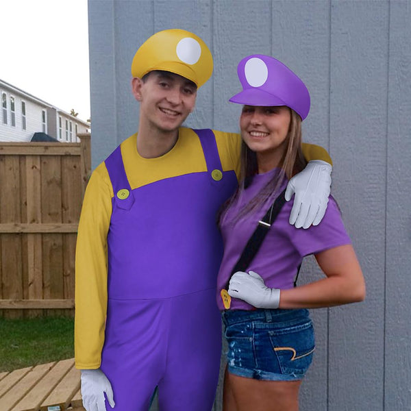 Aomig Mario Costumes, 4 Pack Mario Cosplay Costume Accessories Kits with Bodysuit, Luigi Hats Cap, Mustaches, White Gloves, Mario Luigi Bros Fancy Dress Outfit Costume for Women Men