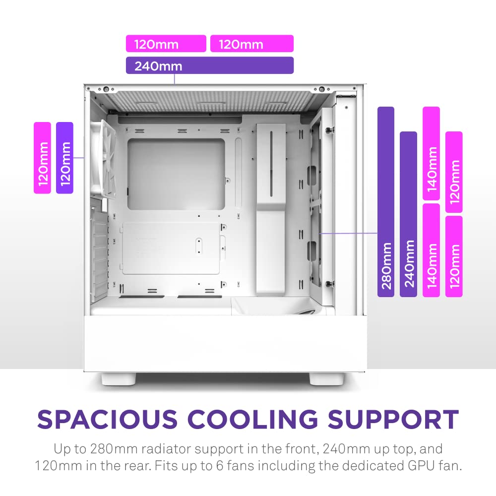 NZXT H5 Flow RGB - Compact ATX Mid-Tower PC Gaming Case - High Airflow - F360 RGB Core (CV) Included - 360mm Front & 240mm Top Radiator Support - Cable Management - Tempered Glass - White