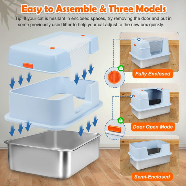 Vivifying Enclosed Stainless Steel Cat Litter Box with Lid, High-Sided, Removable and Metal Leak-Proof Stainless Steel Cat Litter Tray with Scoop, Steps and Mat (Black)