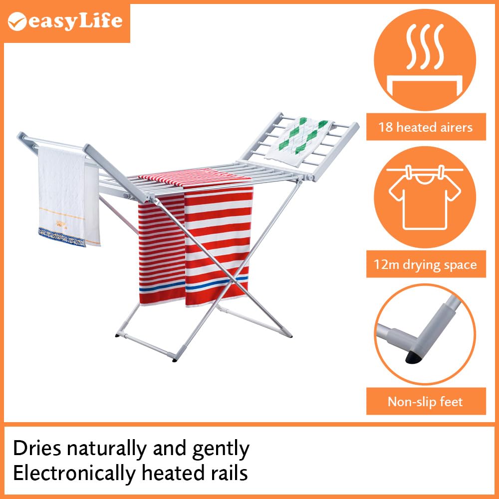 Easylife Electric Clothes Drying Rack, Winged Heated Clothes Dryer to Dry Clothes, Strong & Sturdy Indoor Heated Airer with Heated Rails for