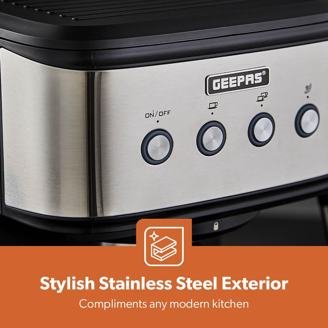 GEEPAS Espresso & Cappuccino Coffee Machine with Milk Frother, 20 Bar Pressure | 1.5L Water Tank Capacity, Stainless Steel Housing | 1100W, Silver, Ideal for Barista Quality Beverages