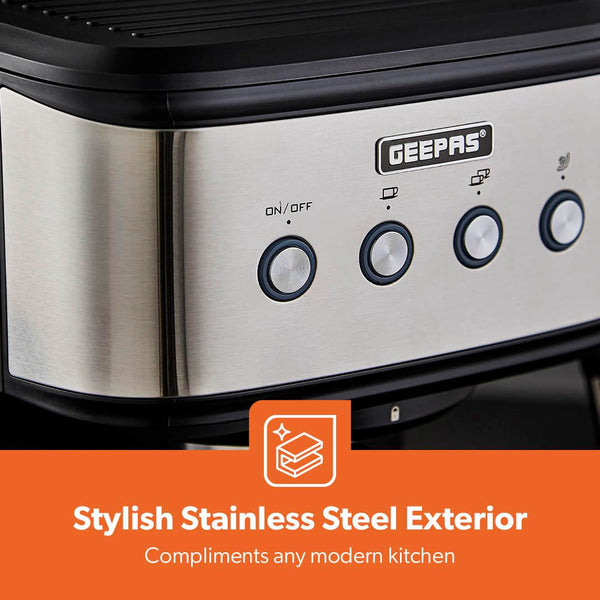 GEEPAS Espresso & Cappuccino Coffee Machine with Milk Frother, 20 Bar Pressure | 1.5L Water Tank Capacity, Stainless Steel Housing | 1100W, Silver, Ideal for Barista Quality Beverages