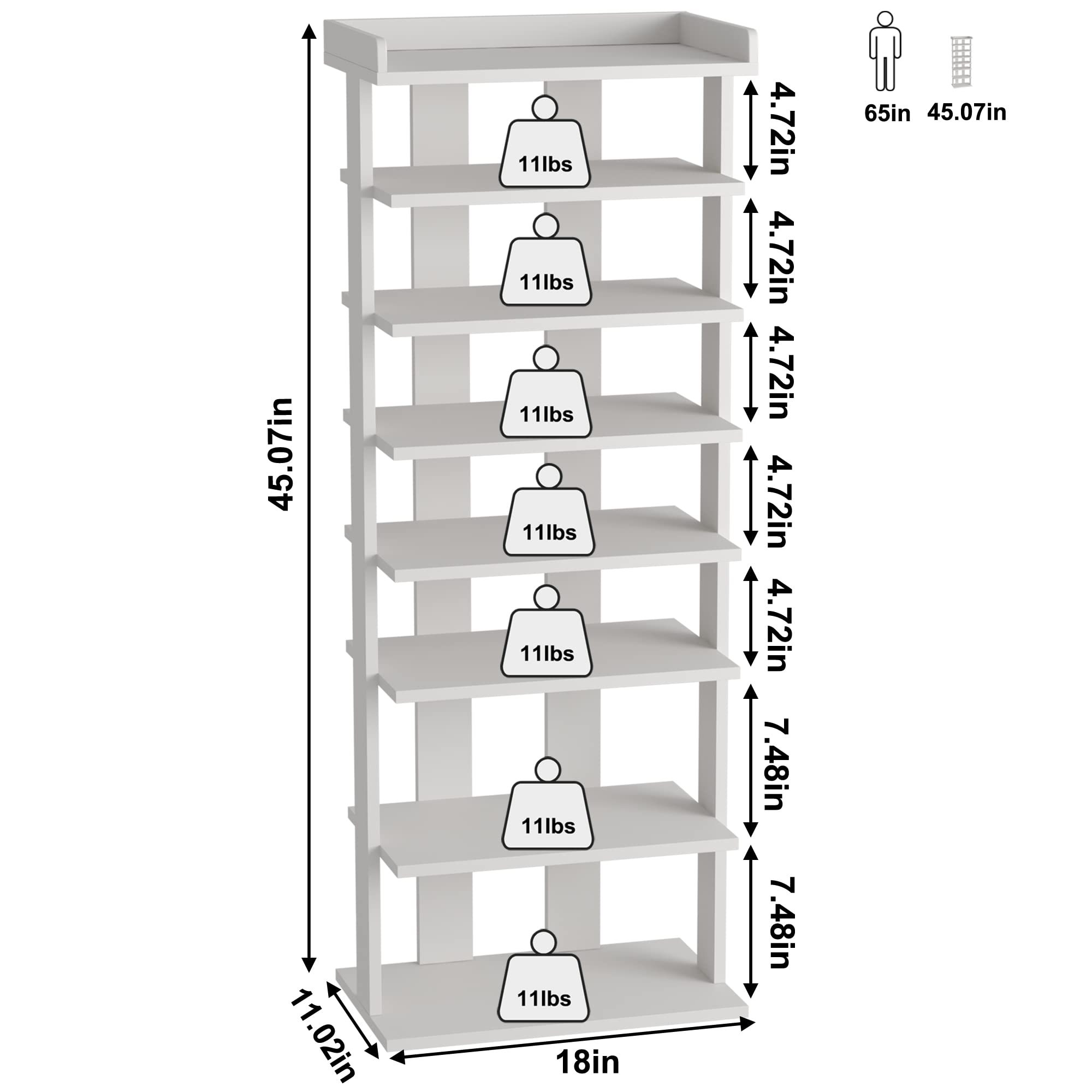 HOME BI Narrow Shoe Rack, Double Rows 7-Tier Wood Shoe Shelf, Vertical Shoe Storage Cabinet, Shoes Tower Organizer for Narrow Closet, Entryway,