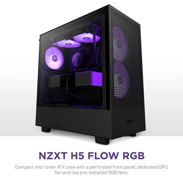 NZXT H5 Flow RGB - Compact ATX Mid-Tower PC Gaming Case - High Airflow - F360 RGB Core (CV) Included - 360mm Front & 240mm Top Radiator Support - Cable Management - Tempered Glass - White