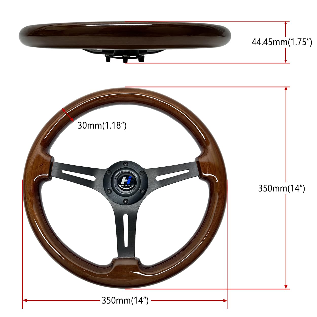 Hiracing 14" Universal Classic Wood Grain Steering Wheel Brushed 3 Spoke 1.5 Depth Steering Wheel with Horn Button 6 bolts (010)