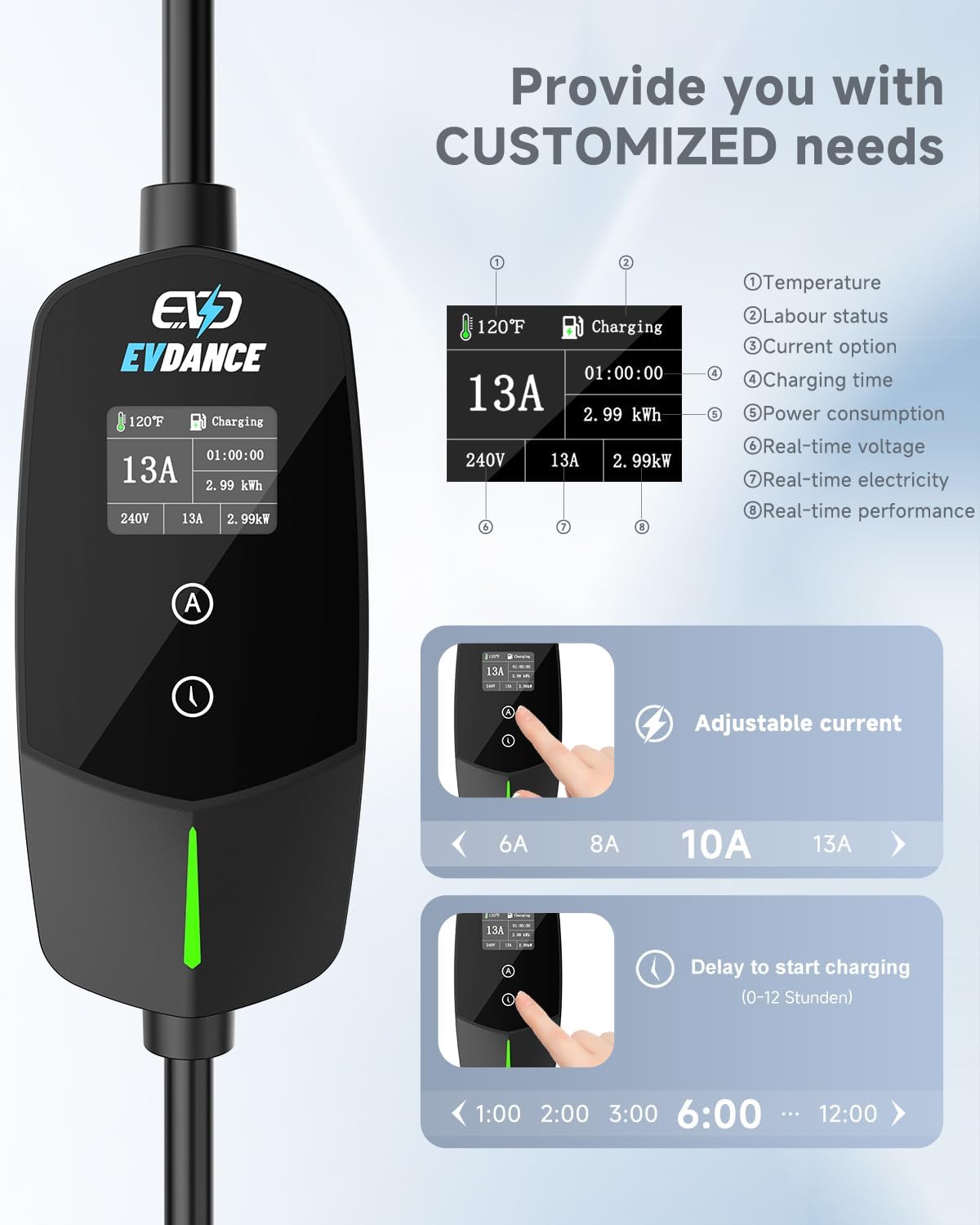 EVDANCE EV Charger Cable Type 2 to 3 Pin Plug 20ft/6.1m [6/8/10/13A] Current Adjustable Portable Electric Car Charger with 0-12h Time Delay, IP66, Type 2 Charging Cable for EV & PHEV, Black