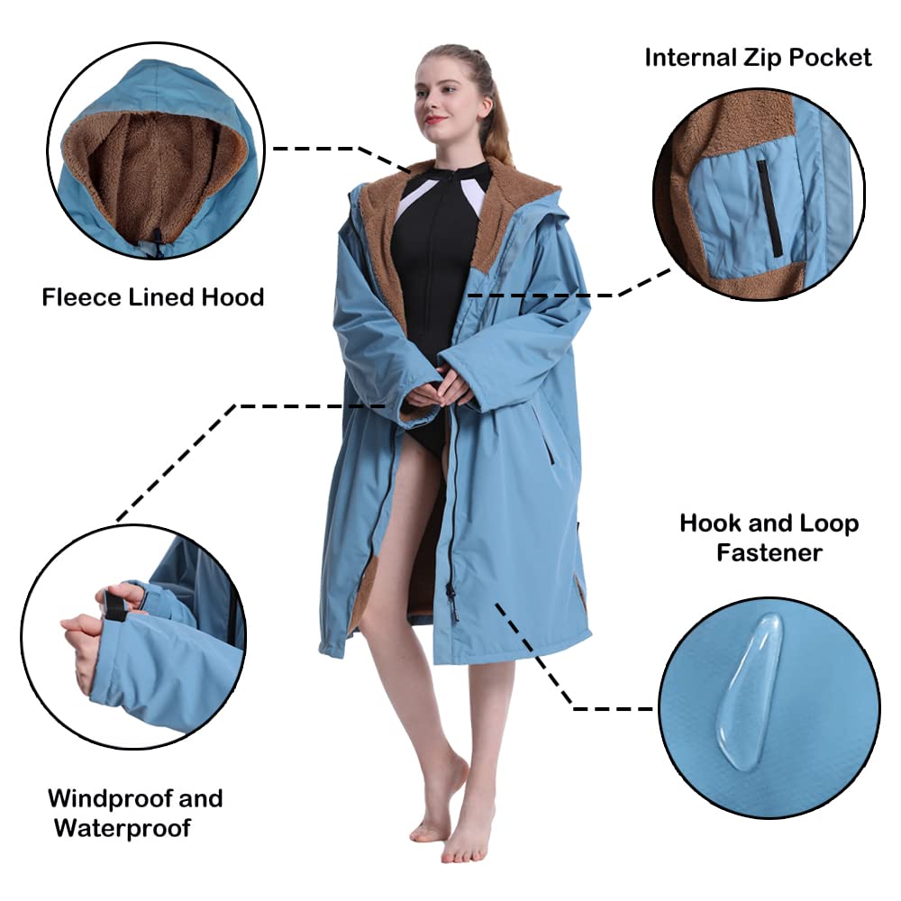 Hiturbo Waterproof Adult Changing Robe: Windproof Warm Swimming Robe Oversized Coat Surf Poncho with Fleece Lining Blue