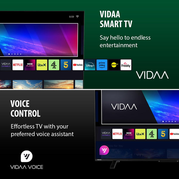 Toshiba 50”UV2F53DBU 4K Smart VIDAA TV, Ultra HD, HDR10, Freely, Disney+, Prime Video, Netflix, Dolby Atmos, Dolby Vision, Sound by Onkyo, Works with Alexa, Works with Google Assistant, VIDAA Voice