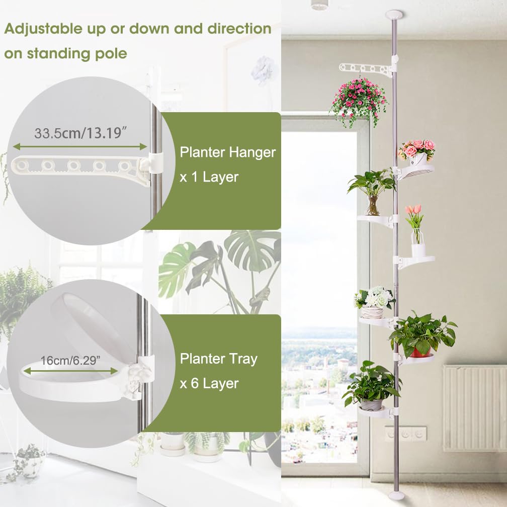 Hershii 7-Layer Tension Pole Plant Stand Indoor Decorative Metal Flower Pot Holder Display Rack Floor to Ceiling Adjustable Hanging Corner Shelf Space