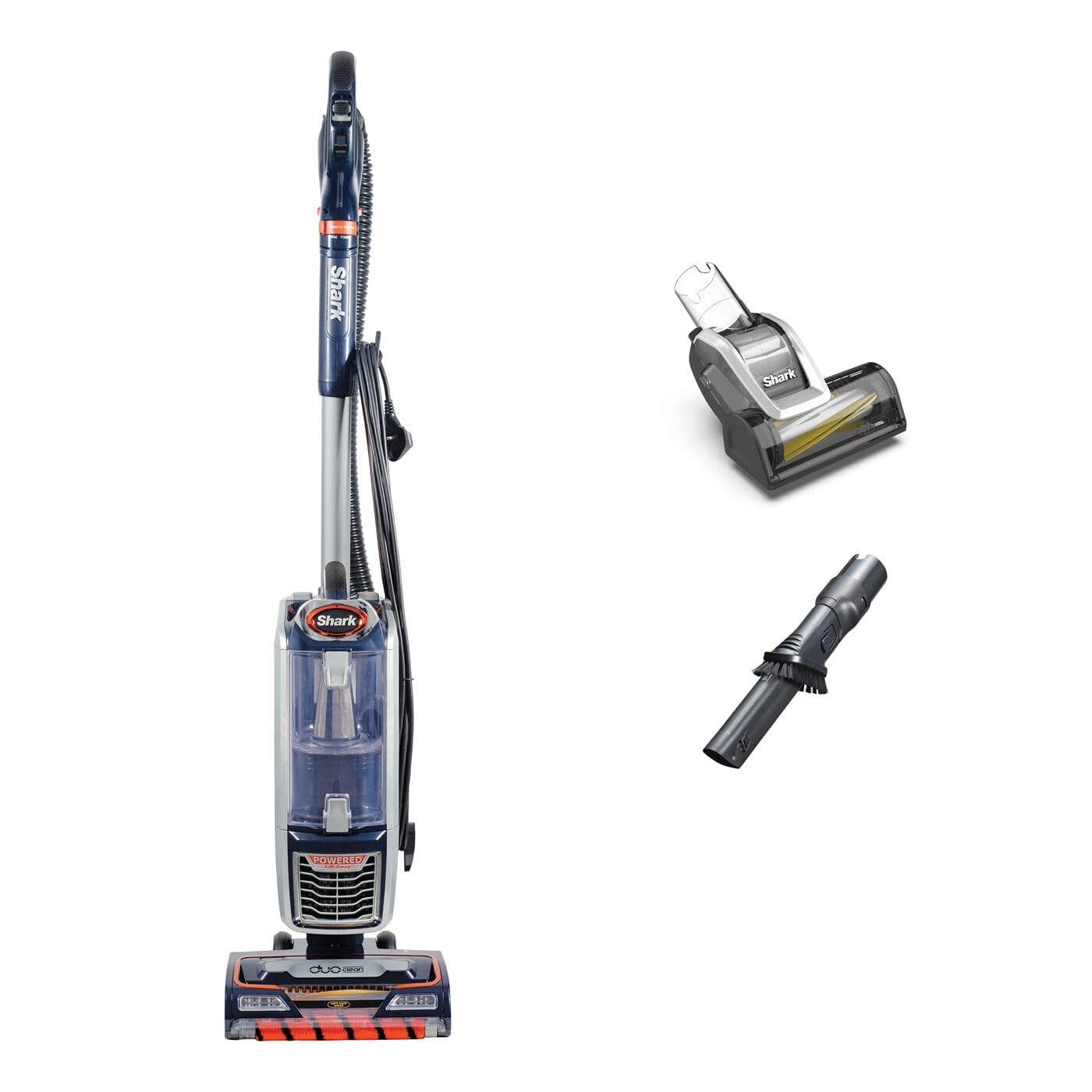 Shark Corded Upright Vacuum Cleaner,0.83L with Anti Hair Wrap Technology & DuoClean, Pet Model, Powered Lift-Away, LED Headlights, Anti-Allergen, 8m Cord, 750W, 3 Attachments, Navy, Orange, NZ801UKT
