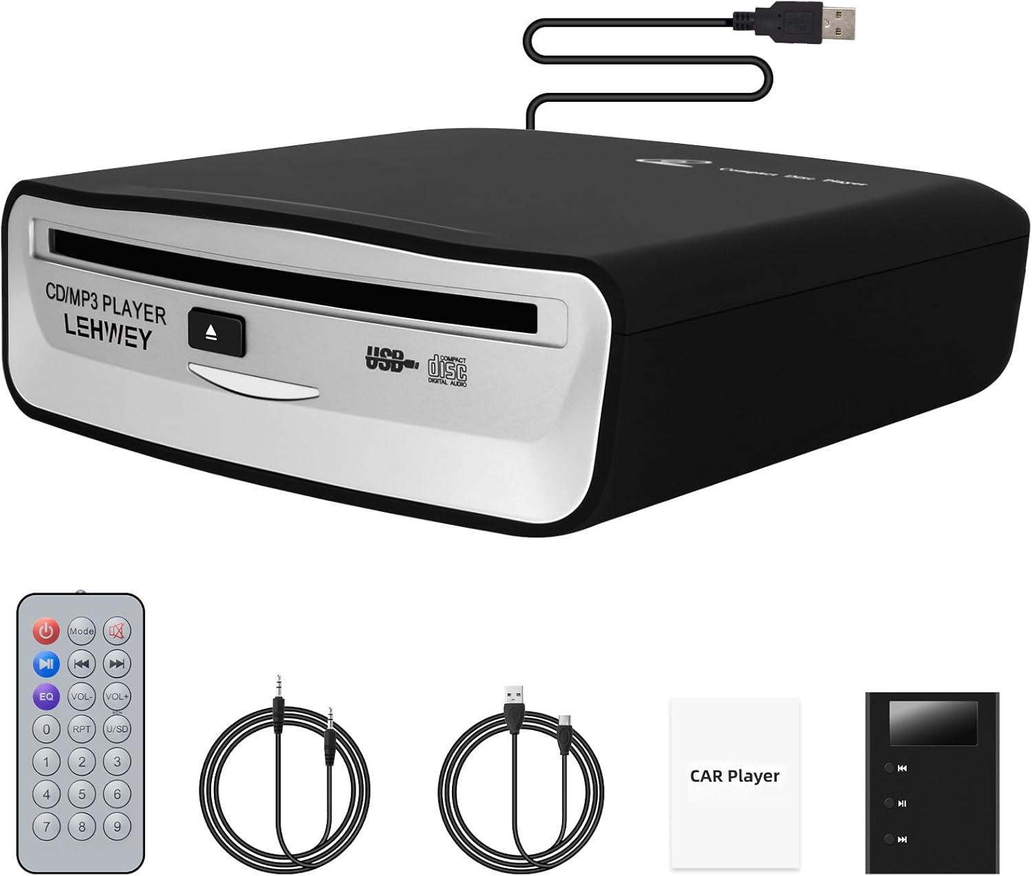 External Universal CD Player for Car - LEHWEY Portable CD Player with Extra USB Extension Cable, Plugs into Car USB Port, Laptop, TV, Mac, Computer, for Android 4.4 and Above Navigation