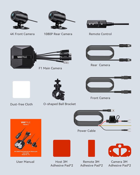 VANTRUE F1 Motorcycle Camera 4K Front and Rear 5GHz WiFi GPS HDR Waterproof, Dual Motorbike Motorcycle Dash Cam Dustproof, Motorbike Camera Dual Lens 160 Wide Anlge, 24H Parking Mode, 512GB Max