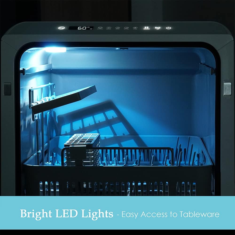 Table Top Dishwasher, Mini Countertop Dishwasher Portable, 6 Programs, Built-in 5L Water Tank, 4 Place Settings, Touch Control, LED Display, Fruit Wash, No Installation, White