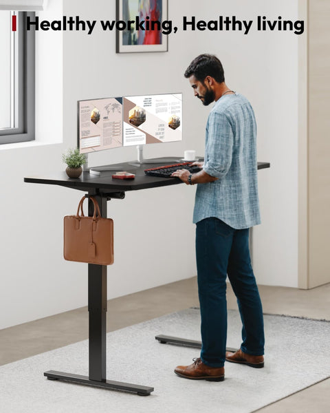 SANODESK QS1+140 * 60 Electric Standing Desk Height Adjustable Standing Desk With Memory Smart Panel Sit Stand Table With Hooks and Cupholder for Home Office （Black Frame+ Black Desktop）