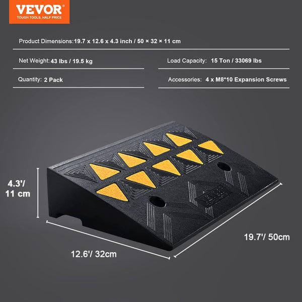 VEVOR Rubber Curb Ramp 2 Pack, 4.3" Rise Height Heavy-Duty 33069 lbs/15 T Capacity Threshold Ramps, Driveway Ramps with Stable Grid Structure for Cars, Wheelchairs, Bikes, Motorcycles
