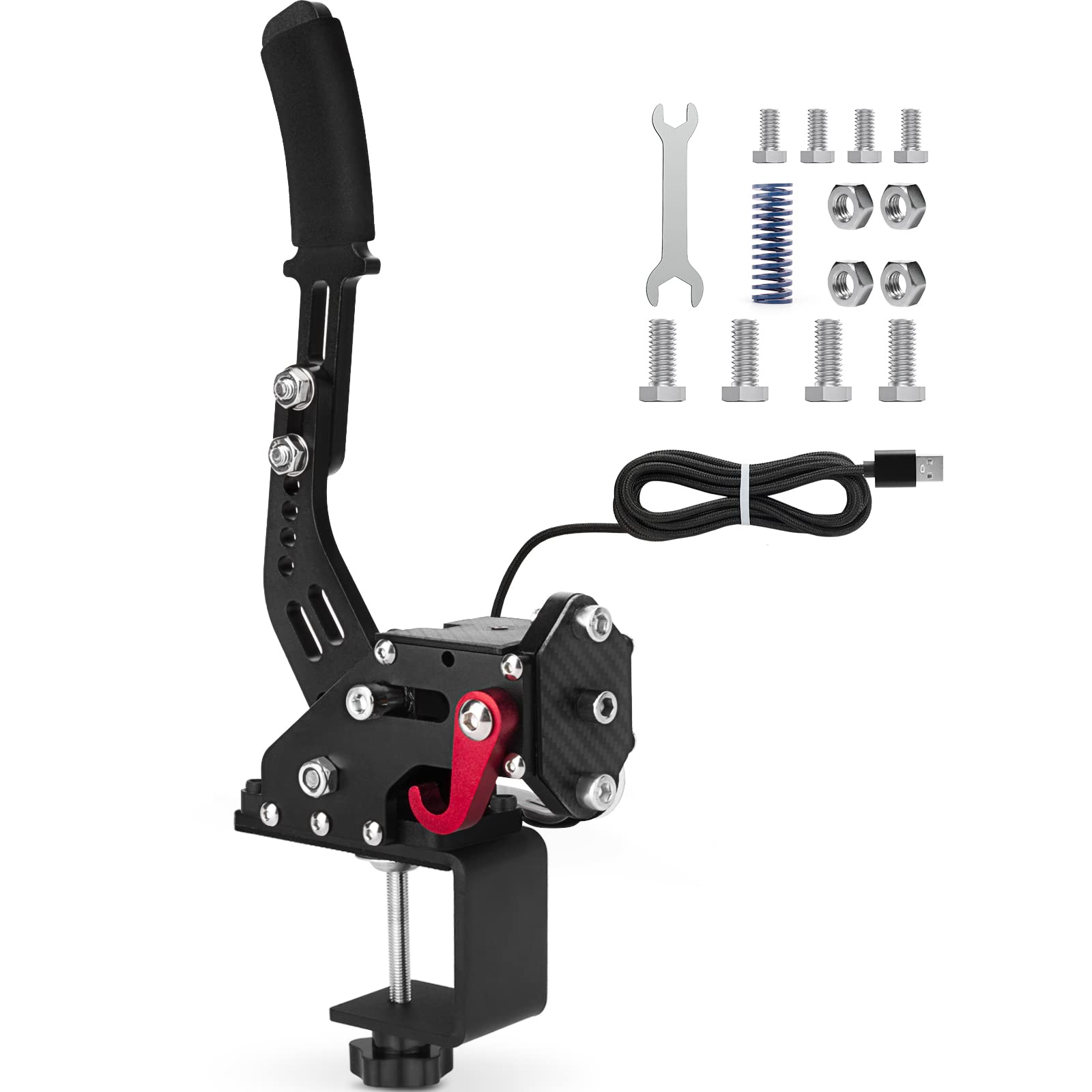 aikeec 64Bit PC USB Handbrake, Upgrade SIM Racing Games Handbrake for LO GITECH G25 G27 G29 T500 T300 THRUST MASTER FANATECOSW DIRT RALLY, 2M Nylon Cable/Reinforced Spring/Red+Clamp