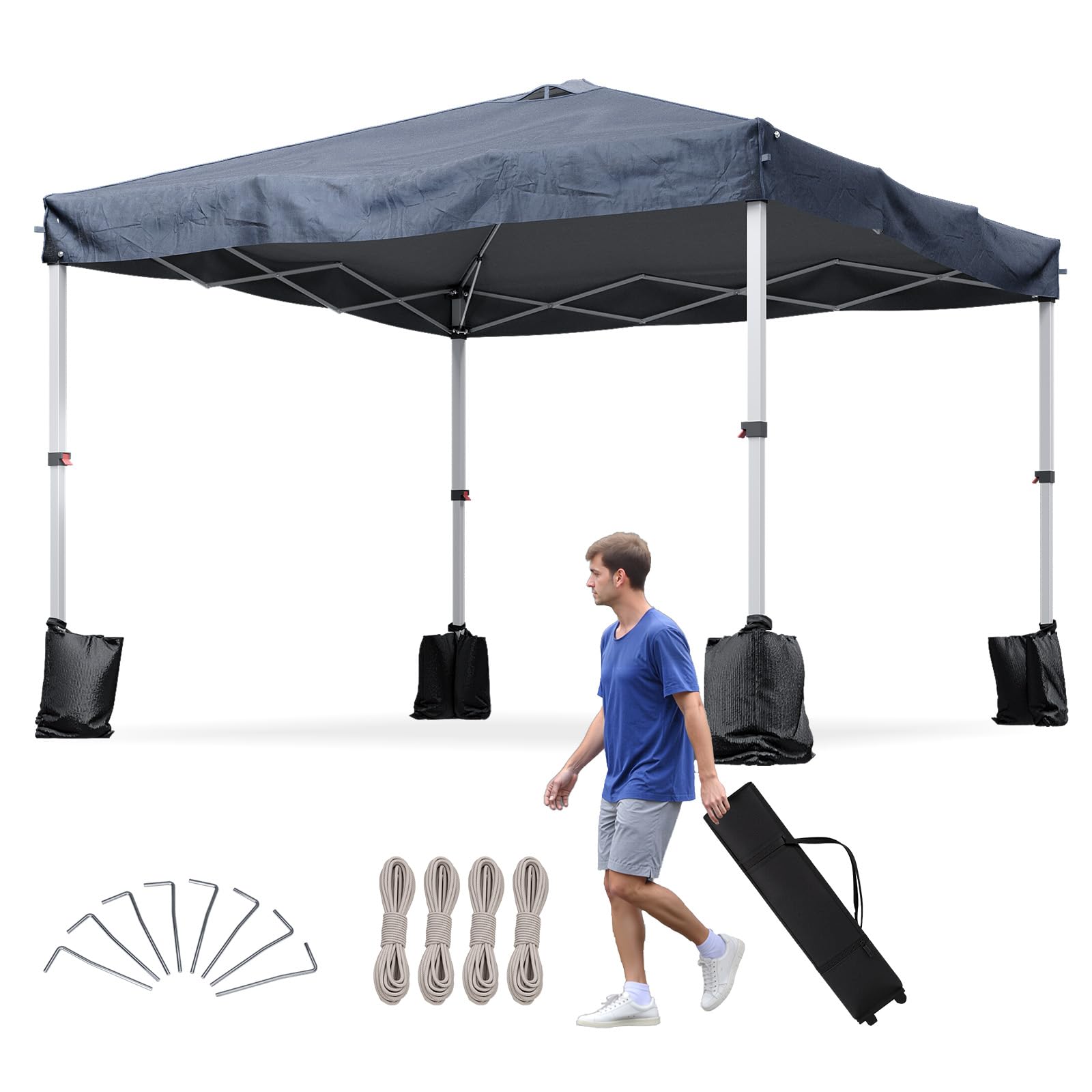 Aoxun 3m x 3m Pop Up Gazebo, Metal Frame Shelter Tent for Outdoor Garden Party, with 4 Sandbags & Carry Bag, Adjustable Height, Grey