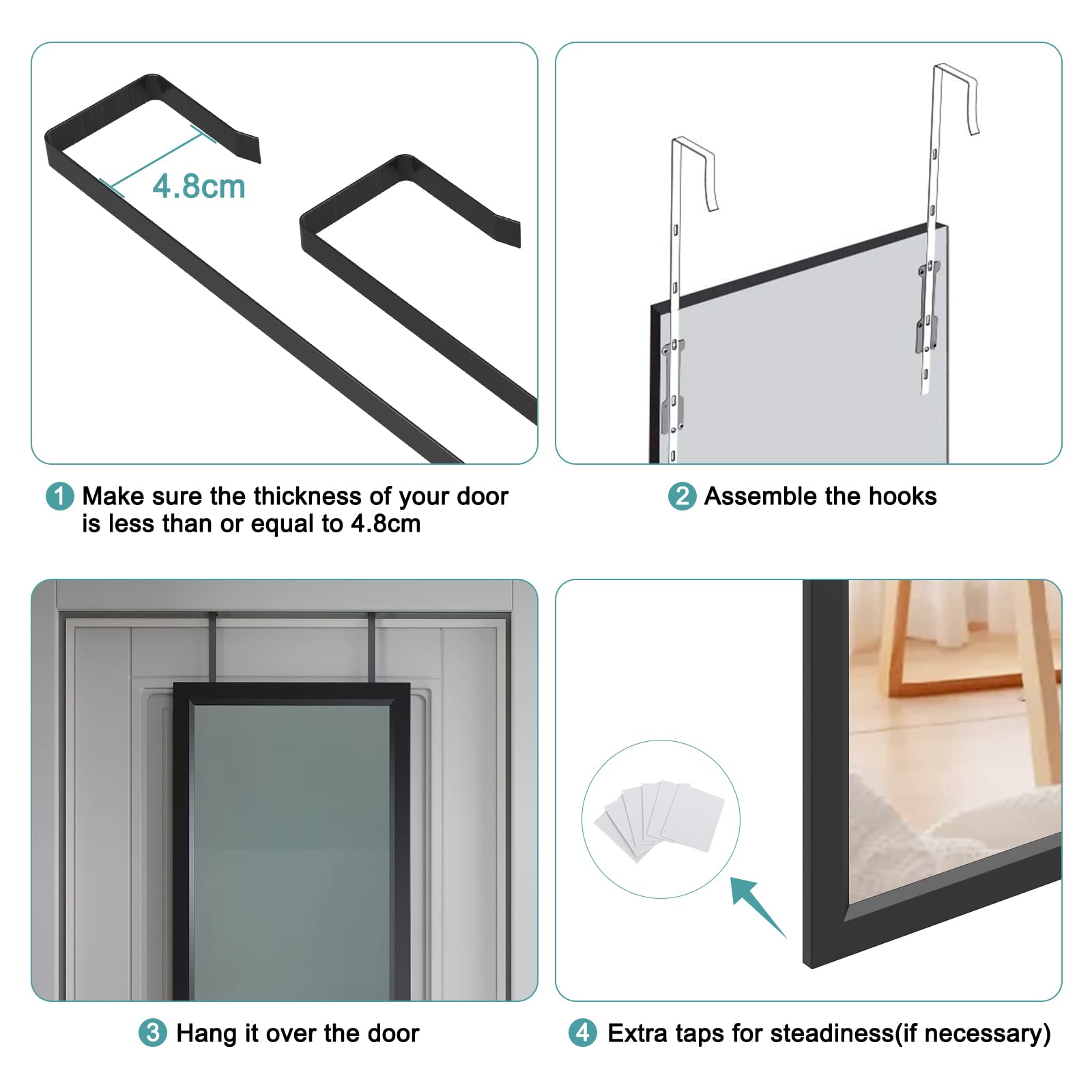 Dripex Over Door Mirror Full Length, 110 x 33cm Wall Mounted Mirror Door Hung Mirror for Bathroom/Bedroom/Wardrobe - Toughened Glass, Black