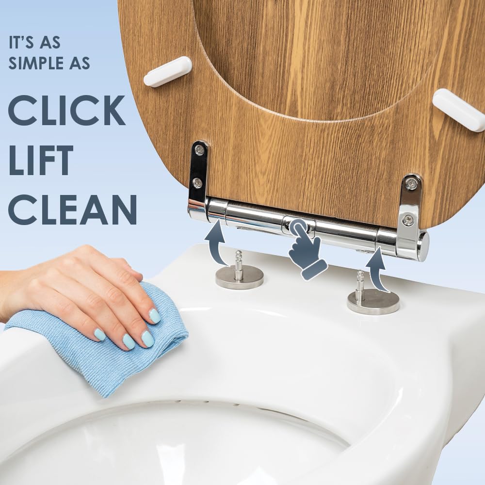 AQUALONA® Luxury Soft Close Toilet Seat - Moulded Wood - Stainless Steel Slow Close Hinges - Click, Lift & Clean Technology (Bamboo Toilet Seat)