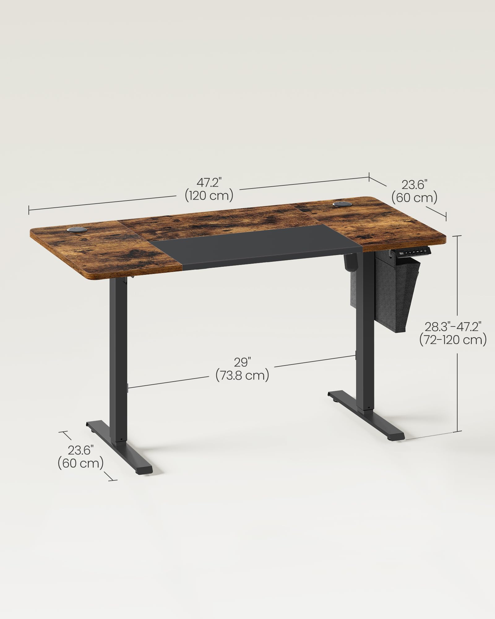 VASAGLE Electric Standing Desk, Height Adjustable Desk, 60 x 140 x (72-120) cm, 4 Memory Heights, Storage Pocket, for Home Office, Study, Rustic Brown and Ink Black LSD134K02