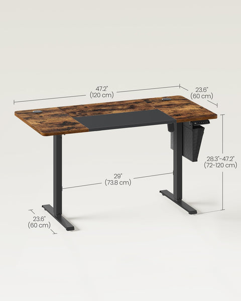VASAGLE Electric Standing Desk, Height Adjustable Desk, 60 x 140 x (72-120) cm, 4 Memory Heights, Storage Pocket, for Home Office, Study, Rustic Brown and Ink Black LSD134K02
