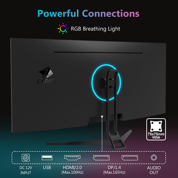Z-Edge 34 Inch Gaming Monitor Ultrawide 165Hz(DP) 100Hz(HDMI) 1ms MPRT, 21:9 WQHD 3440x1440 IPS Panel, FreeSync, HDR10, HDMI, DisplayPort - Black