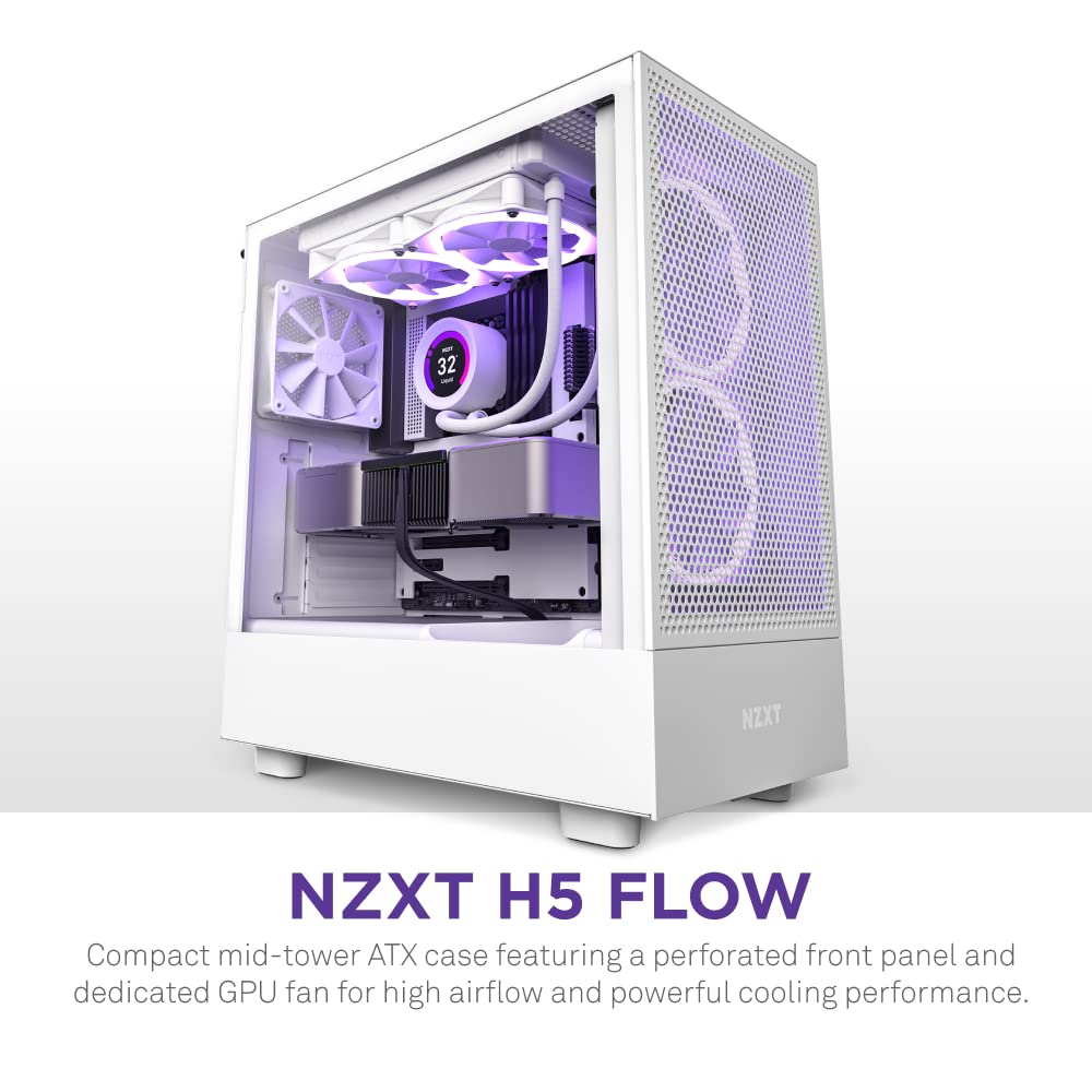 NZXT H5 Flow RGB - Compact ATX Mid-Tower PC Gaming Case - High Airflow - F360 RGB Core (CV) Included - 360mm Front & 240mm Top Radiator Support - Cable Management - Tempered Glass - White