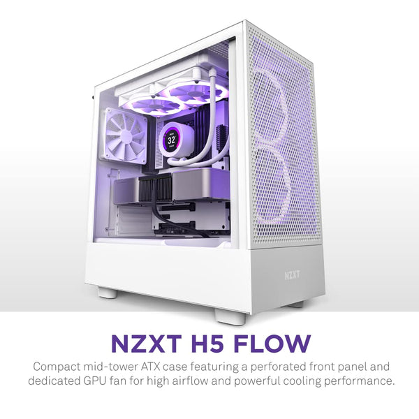 NZXT H5 Flow RGB - Compact ATX Mid-Tower PC Gaming Case - High Airflow - F360 RGB Core (CV) Included - 360mm Front & 240mm Top Radiator Support - Cable Management - Tempered Glass - White