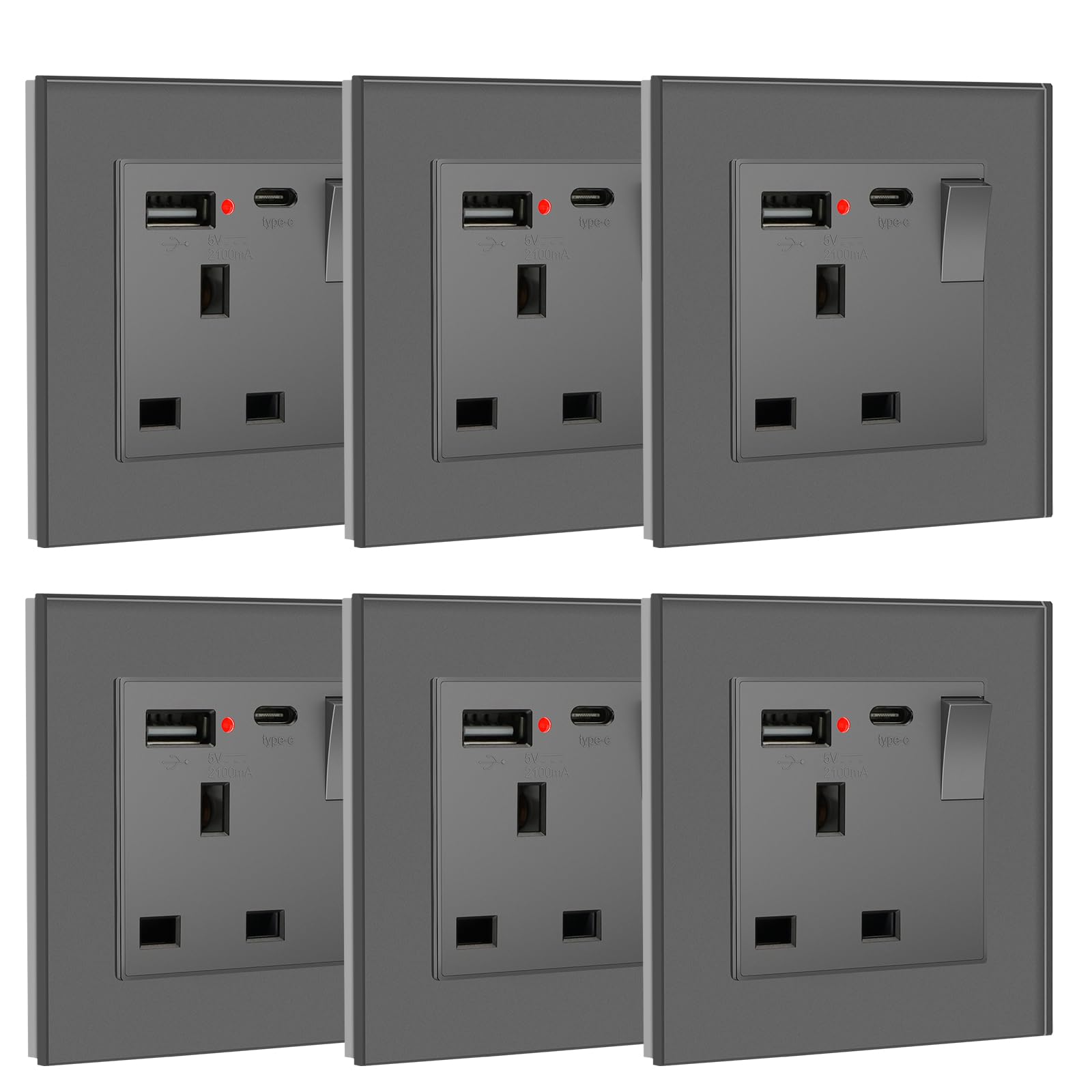 BSEED Double Socket 13A with LED Indicator, Double Switched Wall Socket 2 Gang UK Standard, Electric Switched Plug Power Wall Outlet with Glass Panel, Grey