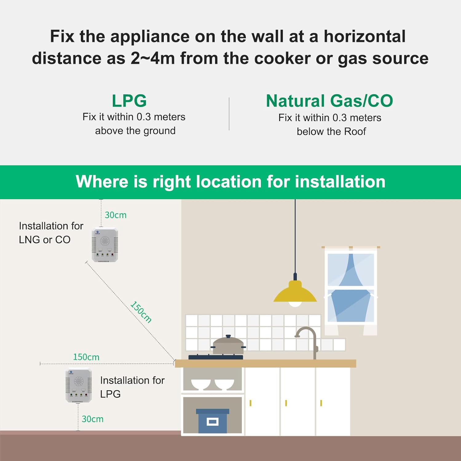 2 in 1 Carbon Monoxide Detector and Natural Gas Detector, Upgrade 2M Cable Wall-mounted CO Alarm with 2 Sensors for Home Kitchen, Gas Leak Detector with 10 Years Sensor Life