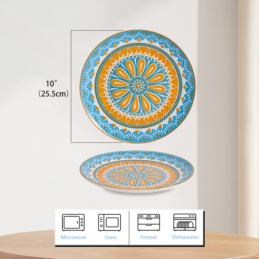 AHX Dinner Plates Set of 6-10 Inch Large Ceramic Plate for Salad, Pasta, Steak - Colorful Patterns - Dishwasher and Microwave Oven Safe