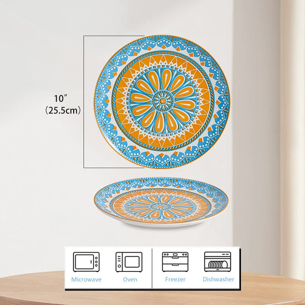 AHX Dinner Plates Set of 6-10 Inch Large Ceramic Plate for Salad, Pasta, Steak - Colorful Patterns - Dishwasher and Microwave Oven Safe
