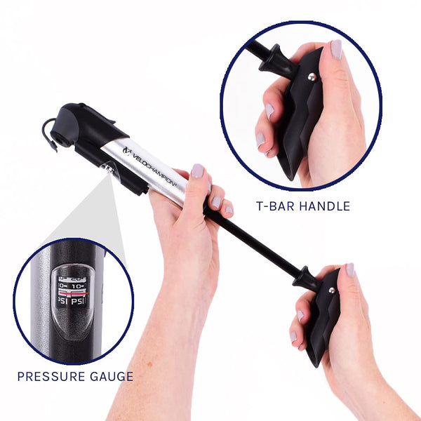VeloChampion Mini Bicycle Pump with Frame Mount. Portable Alloy Pump For Presta, Schrader and Dunlop Valves. Suitable for All Bikes - Road, Mountain & BMX
