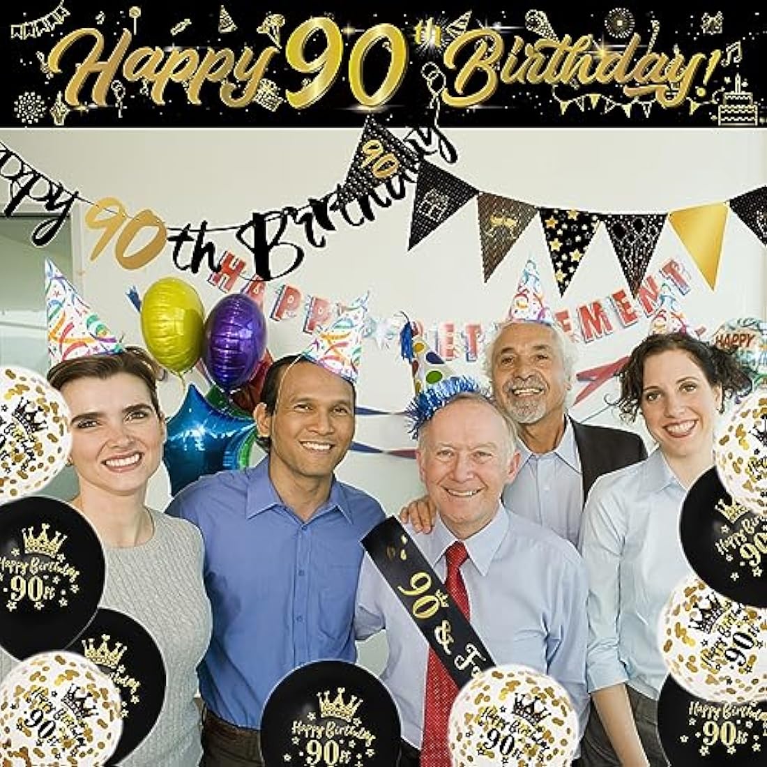 14 Pieces 90th Happy Birthday Decorations Kit, Birthday Party Decoration Including Party Supplies Birthday Straps 9ft Banner Triangle Flags Confetti Latex Balloons