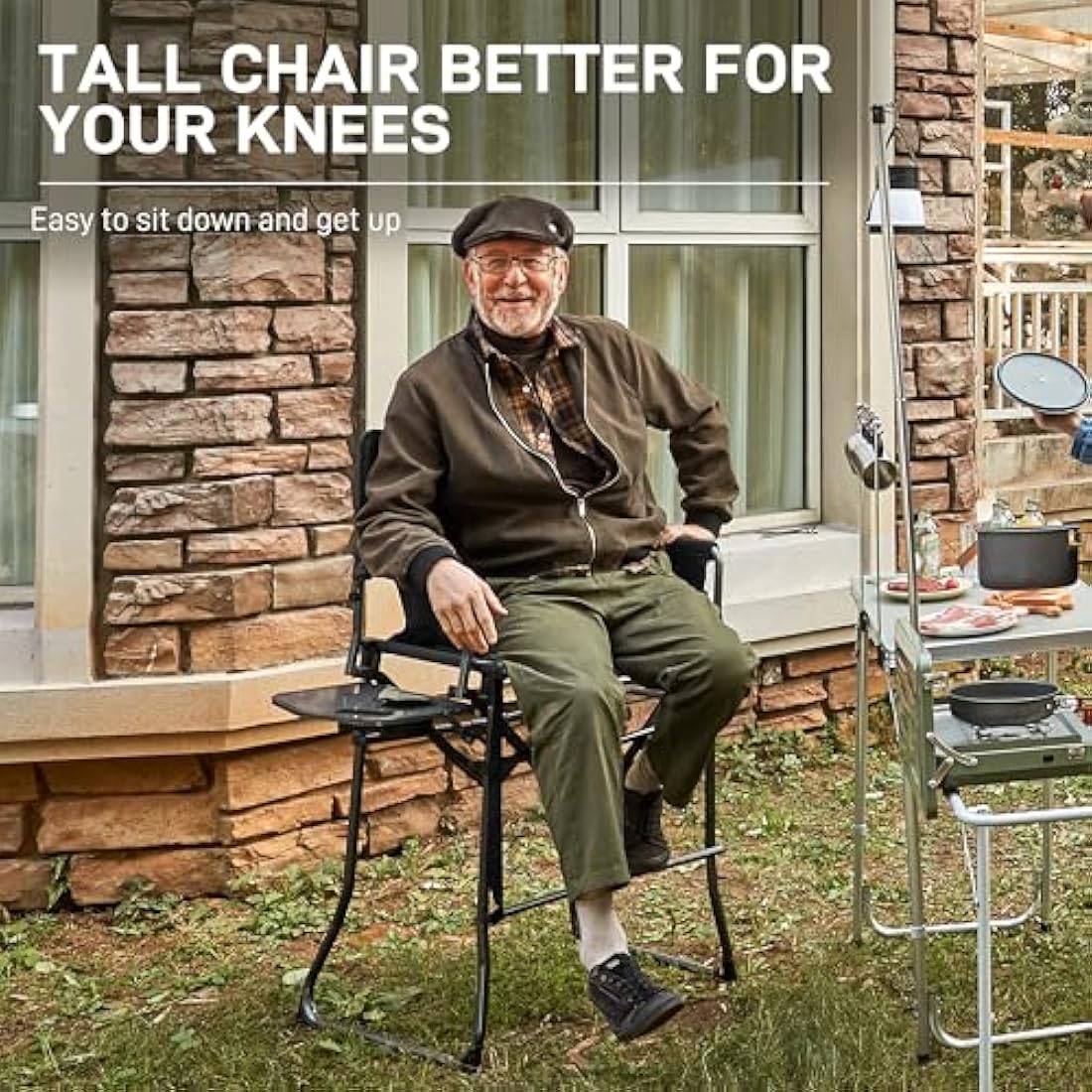 EVER ADVANCED Portable 76CM Seat Height Tall Folding Camping Chair Directors Chair High Foldable Bar Stool with Side Table for Makeup Artist, Sports Event, Craft Show, Supports 160KG Black Grey